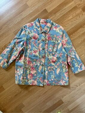 Evan Picone Blue Floral Barn Utility Blue Cottage Floral Cotton Jacket 3XLBloom